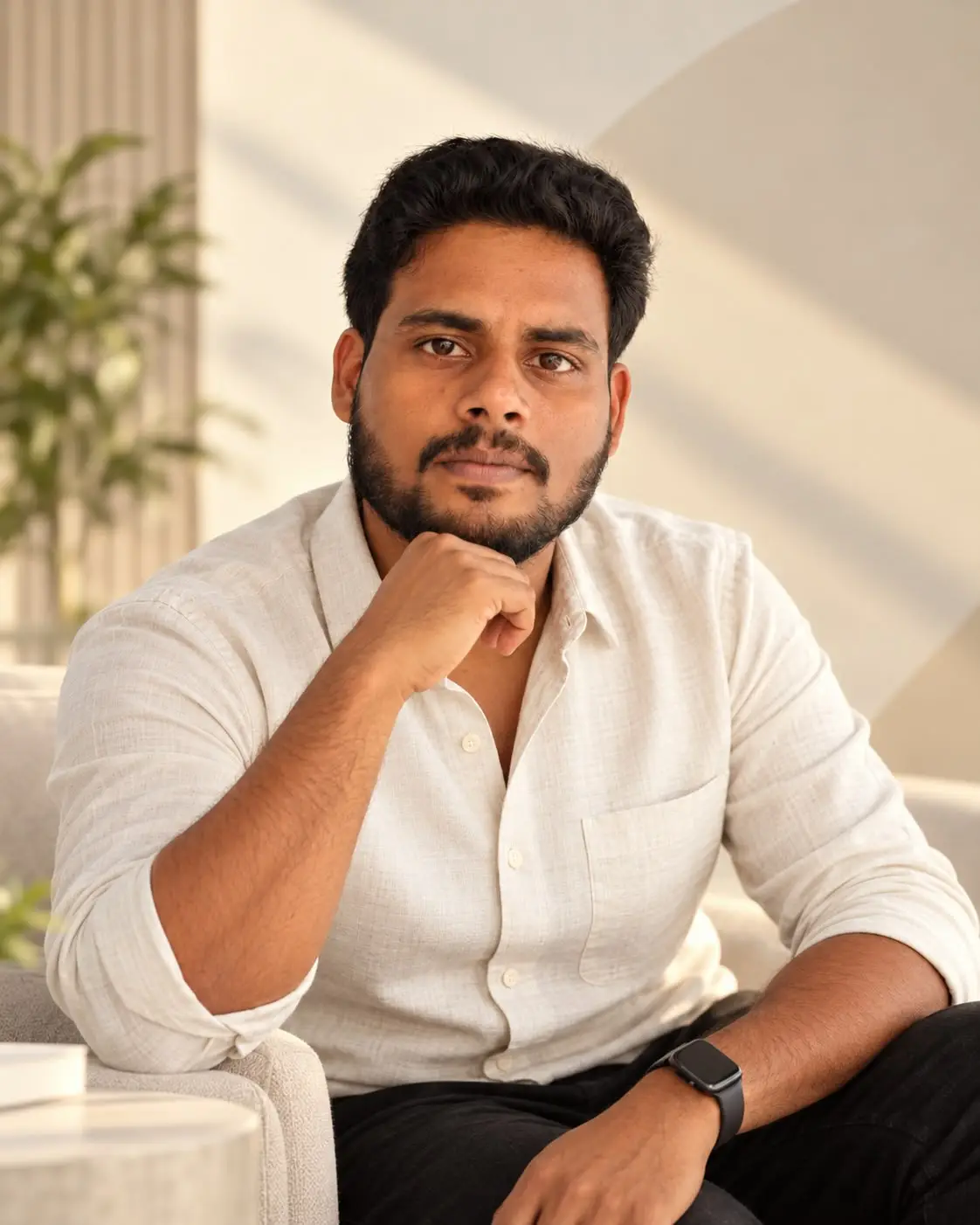 Editorial-style portrait of Kishor Sivakumar seated in a light shirt